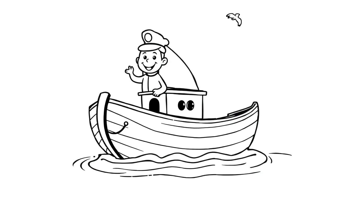 A smiling boy in a captain's hat waves from a small boat, ready for coloring fun on this color panel.