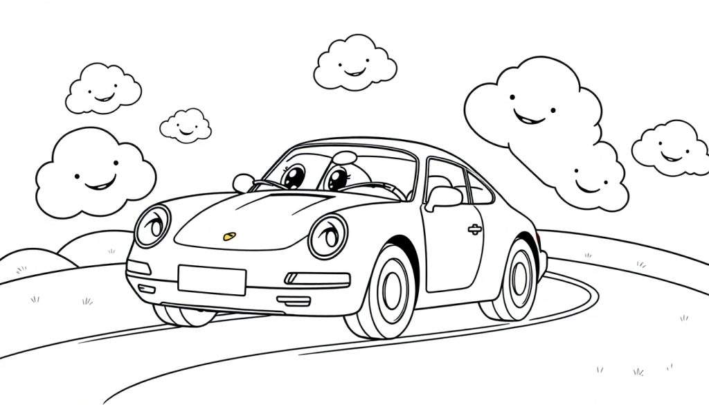 A black and white coloring panel showing a cartoon car with a happy face driving on a winding road under smiling clouds.