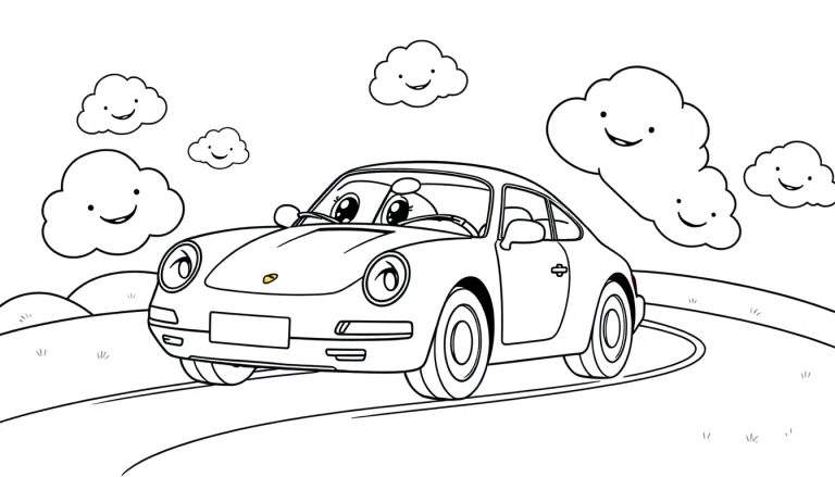 A black and white coloring panel showing a cartoon car with a happy face driving on a winding road under smiling clouds.