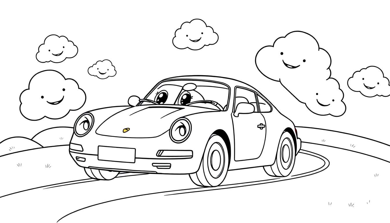 A black and white coloring panel showing a cartoon car with a happy face driving on a winding road under smiling clouds.