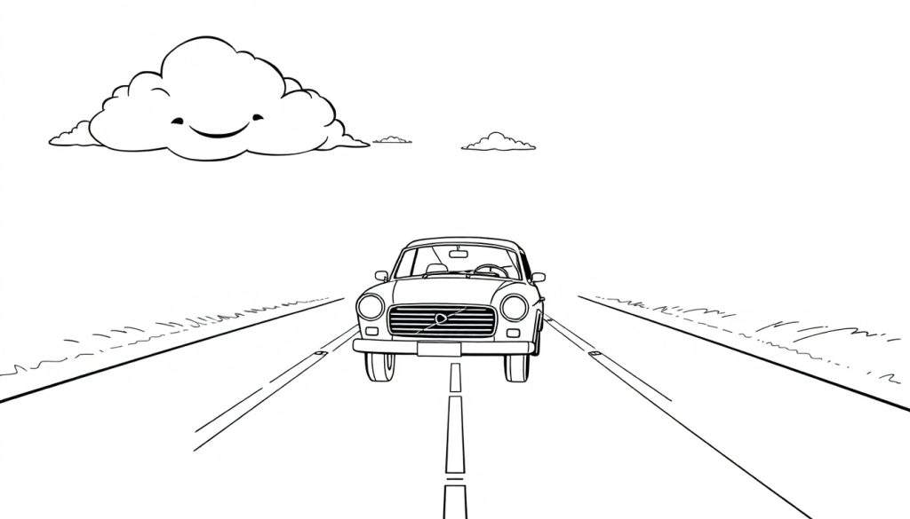 A friendly Volvo car driving on a road with happy clouds in a black and white coloring page, a fun color panel.
