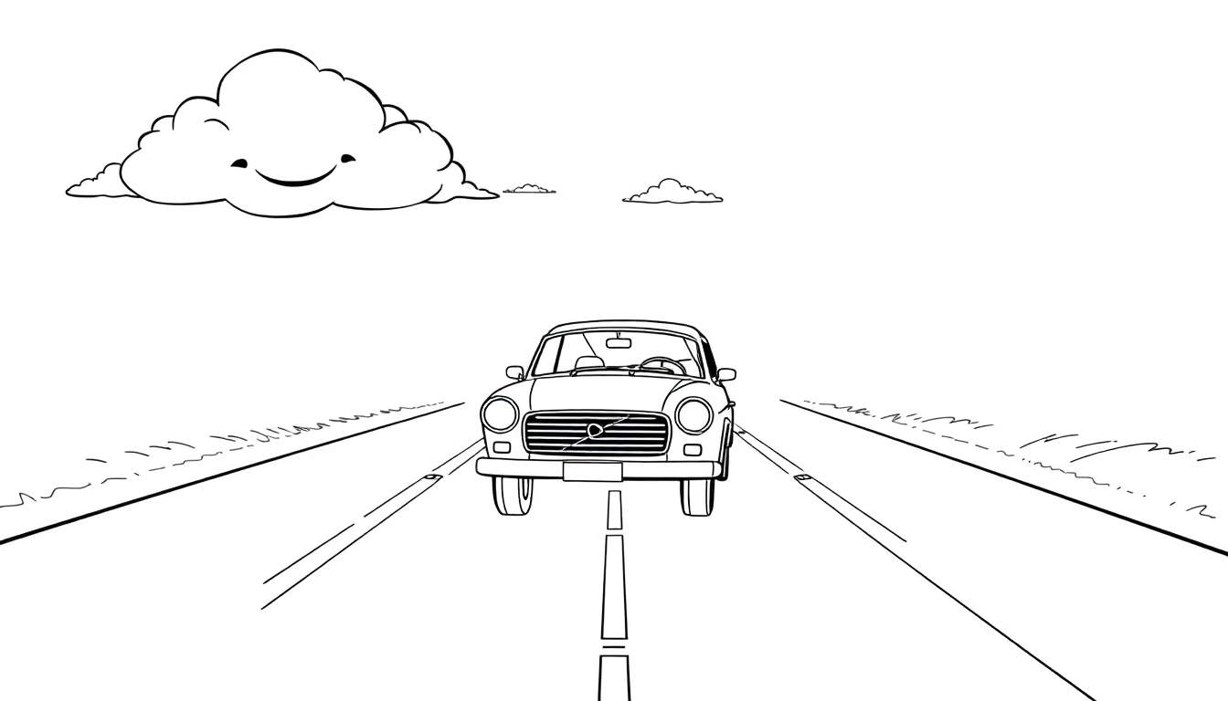 A friendly Volvo car driving on a road with happy clouds in a black and white coloring page, a fun color panel.