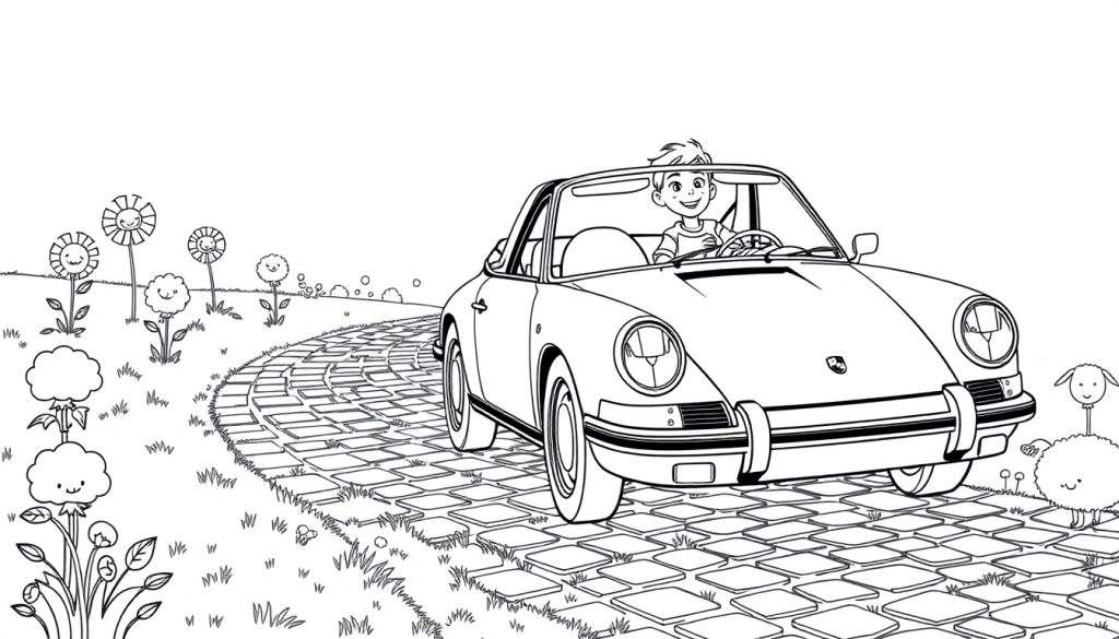A black and white color panel of a smiling boy driving a sporty convertible car on a winding brick road with cheerful flowers and a happy sheep.