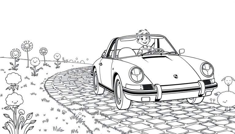 A black and white color panel of a smiling boy driving a sporty convertible car on a winding brick road with cheerful flowers and a happy sheep.
