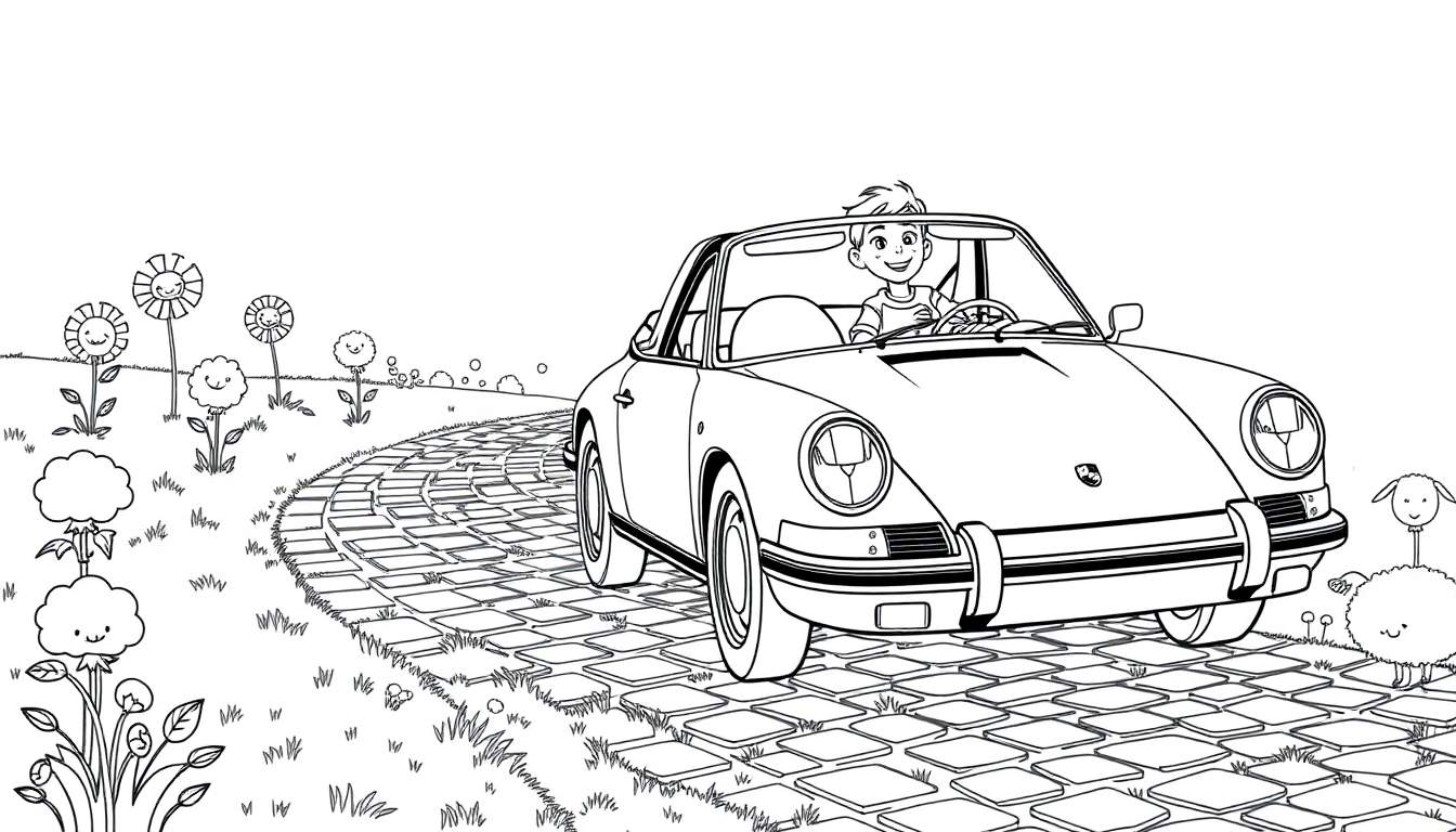 A black and white color panel of a smiling boy driving a sporty convertible car on a winding brick road with cheerful flowers and a happy sheep.