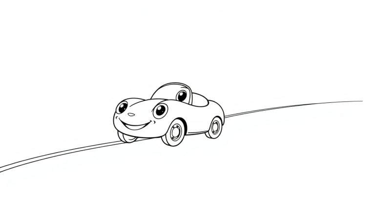 A happy cartoon car driving on a road, a black and white color panel.