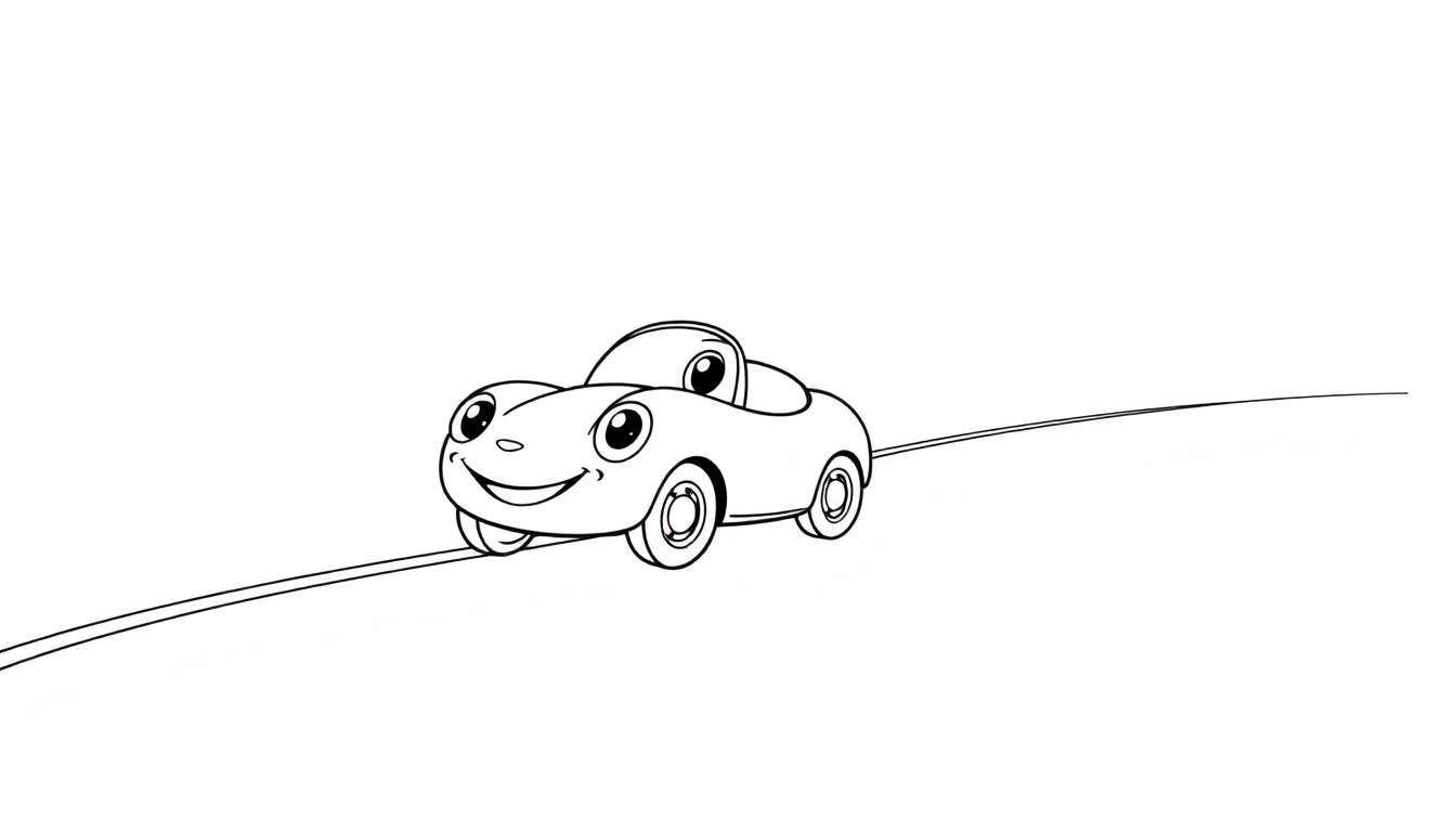 A happy cartoon car driving on a road, a black and white color panel.