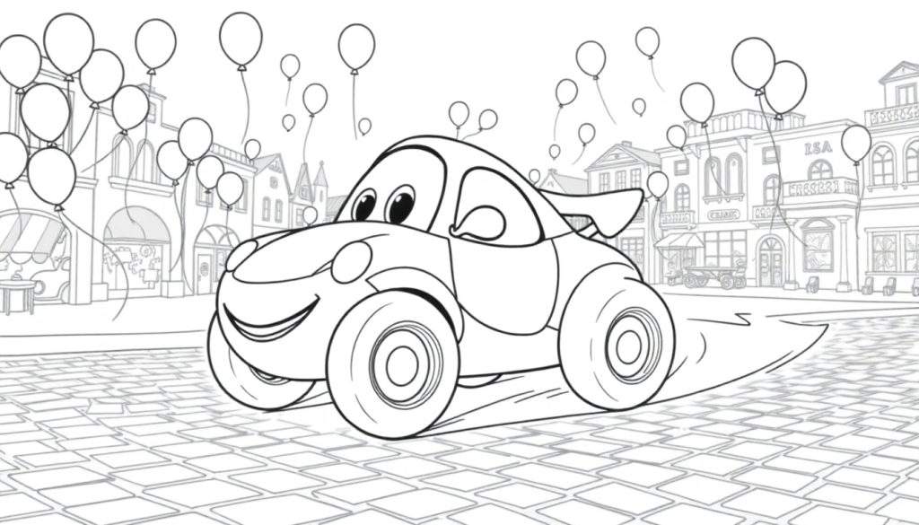 A black and white cartoon drawing of a smiling car with eyes, on a brick road with city buildings and balloons in the sky, ready for coloring. A fun color panel activity!