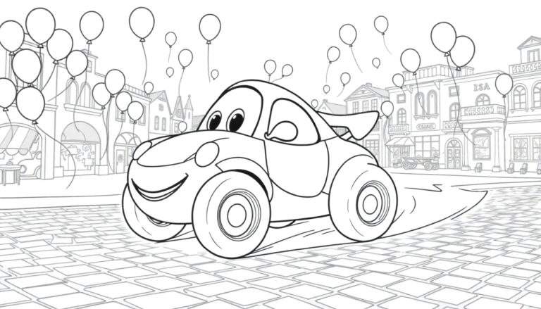 A black and white cartoon drawing of a smiling car with eyes, on a brick road with city buildings and balloons in the sky, ready for coloring. A fun color panel activity!