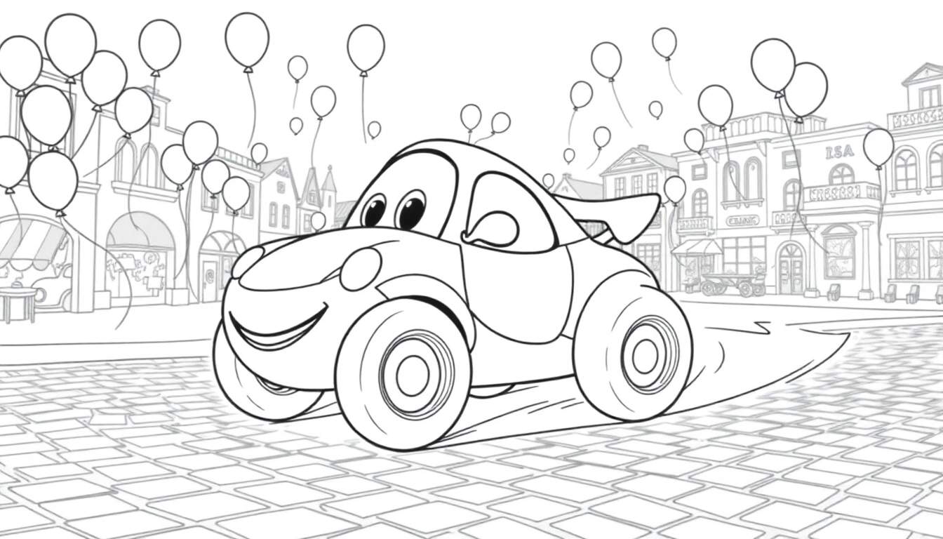 A black and white cartoon drawing of a smiling car with eyes, on a brick road with city buildings and balloons in the sky, ready for coloring. A fun color panel activity!