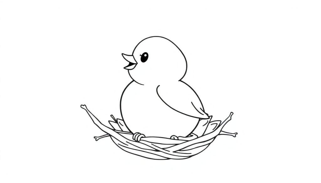 A cute baby bird in a nest, ready for coloring. Black and white color panel.