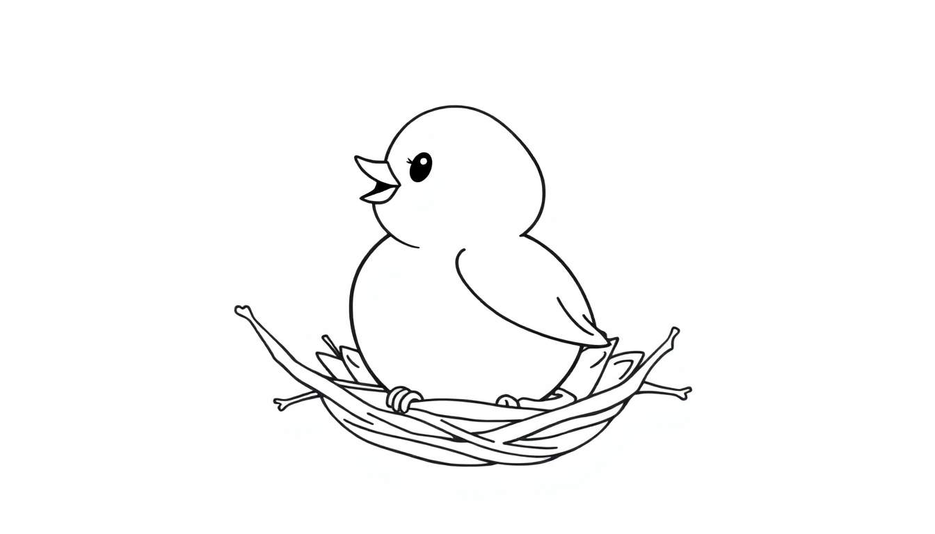 A cute baby bird in a nest, ready for coloring. Black and white color panel.