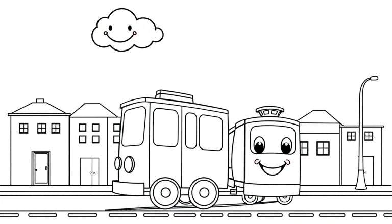 A black and white cartoon of a happy train in a city, part of a color panel.