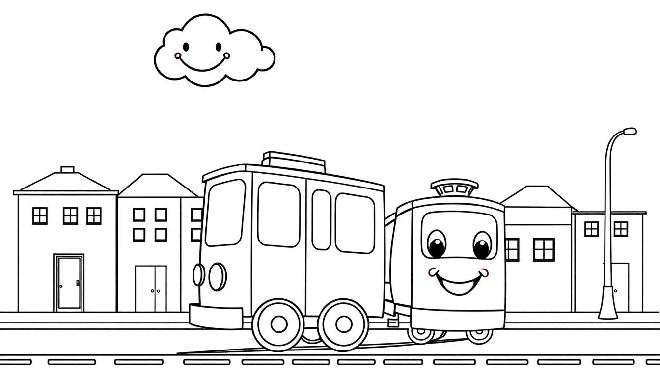 A black and white cartoon of a happy train in a city, part of a color panel.