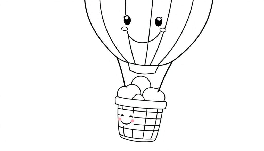 A friendly hot air balloon coloring panel with a cute face and a basket full of smiling clouds, ready for color.