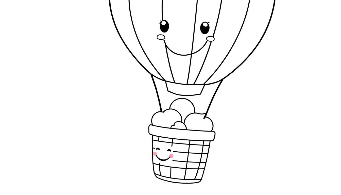 A friendly hot air balloon coloring panel with a cute face and a basket full of smiling clouds, ready for color.