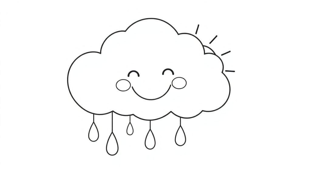 A happy black and white cloud character in a color panel, with raindrops and a smiling sun peeking out.