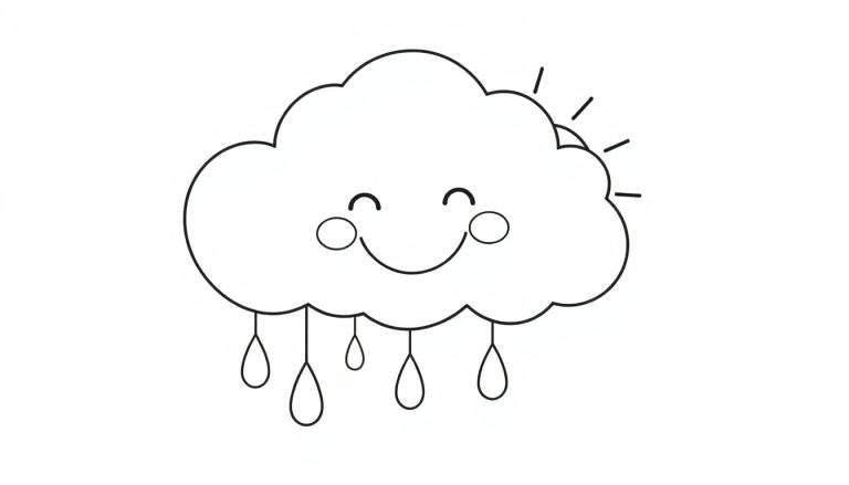 A happy black and white cloud character in a color panel, with raindrops and a smiling sun peeking out.