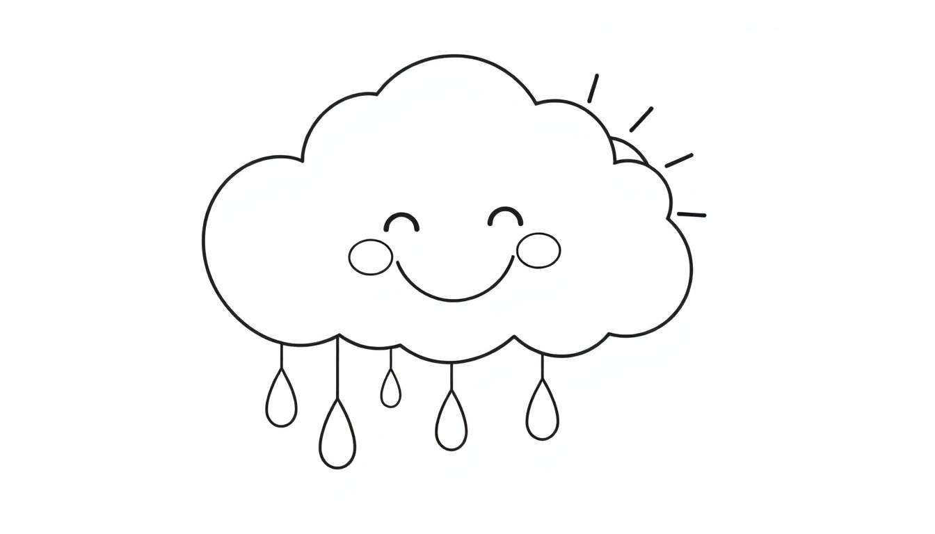 A happy black and white cloud character in a color panel, with raindrops and a smiling sun peeking out.