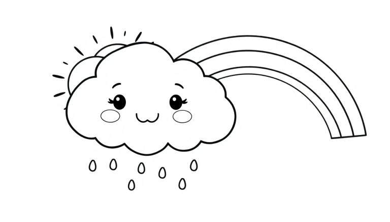 A cute cartoon cloud with a smiling face, rainbow, and raindrops in a black and white coloring panel.