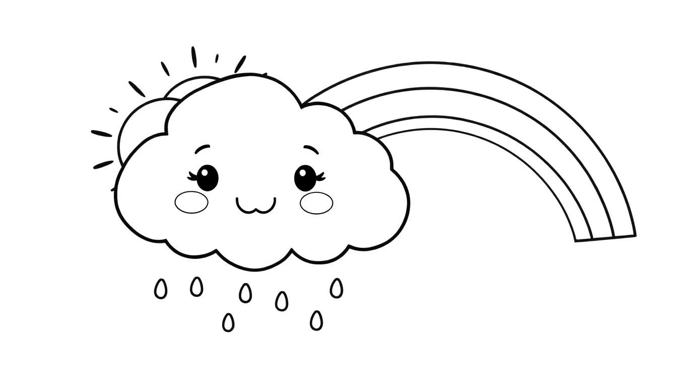 A cute cartoon cloud with a smiling face, rainbow, and raindrops in a black and white coloring panel.