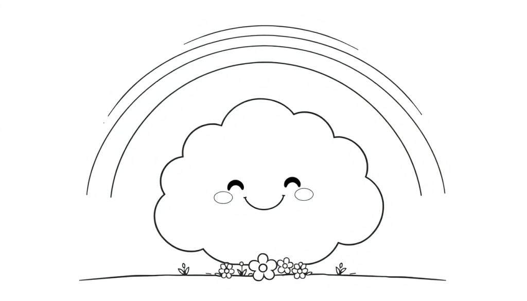 A happy cloud with a colorful rainbow above it on a coloring panel.