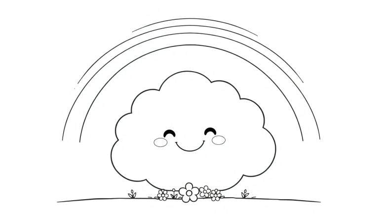 A happy cloud with a colorful rainbow above it on a coloring panel.
