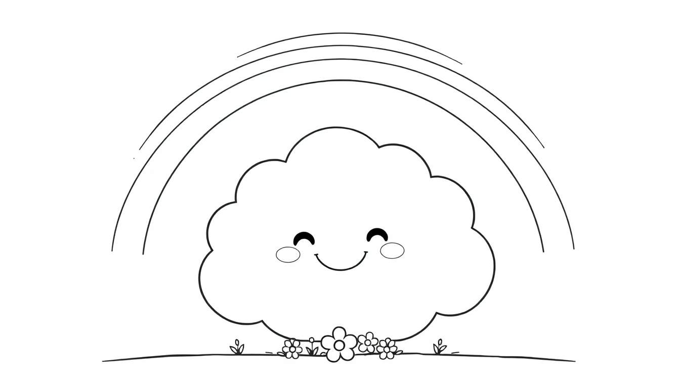 A happy cloud with a colorful rainbow above it on a coloring panel.