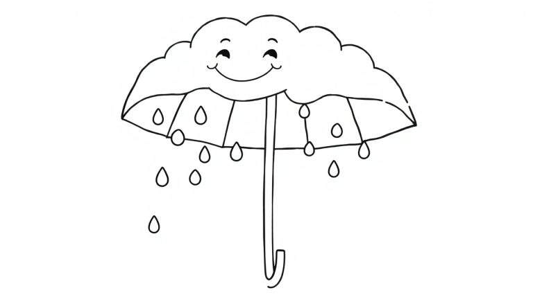 A cheerful cloud with a smiley face acting as an umbrella, with happy raindrops falling from its edges, ready for coloring in this color panel.
