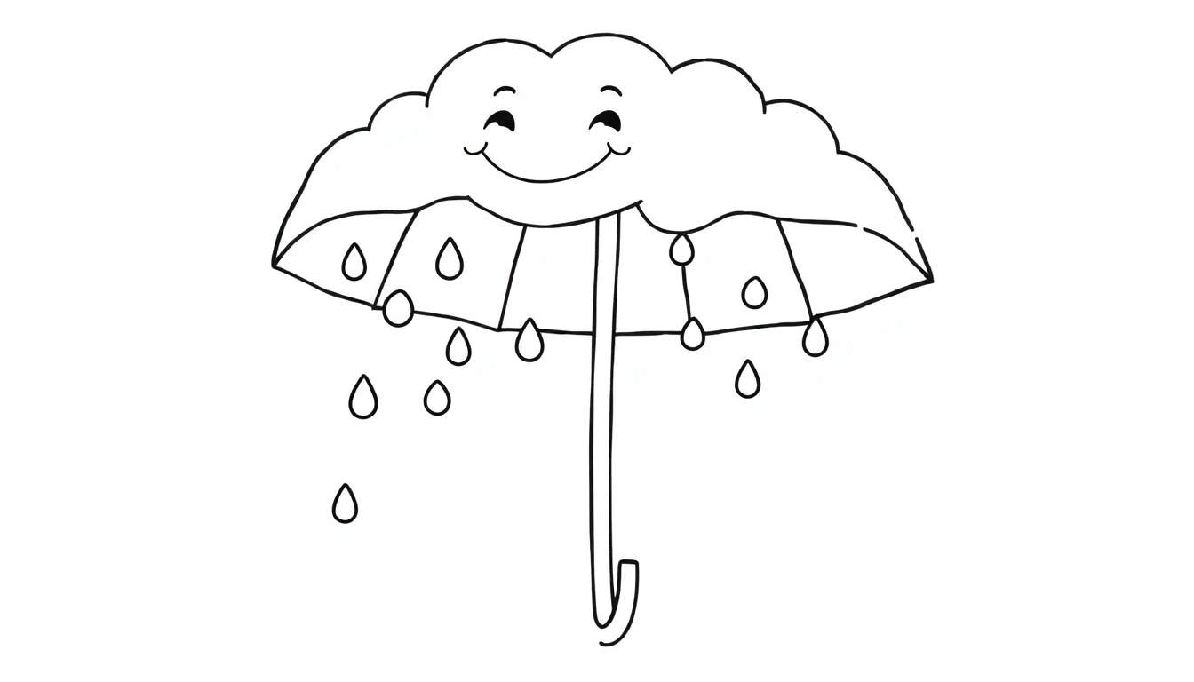 A cheerful cloud with a smiley face acting as an umbrella, with happy raindrops falling from its edges, ready for coloring in this color panel.