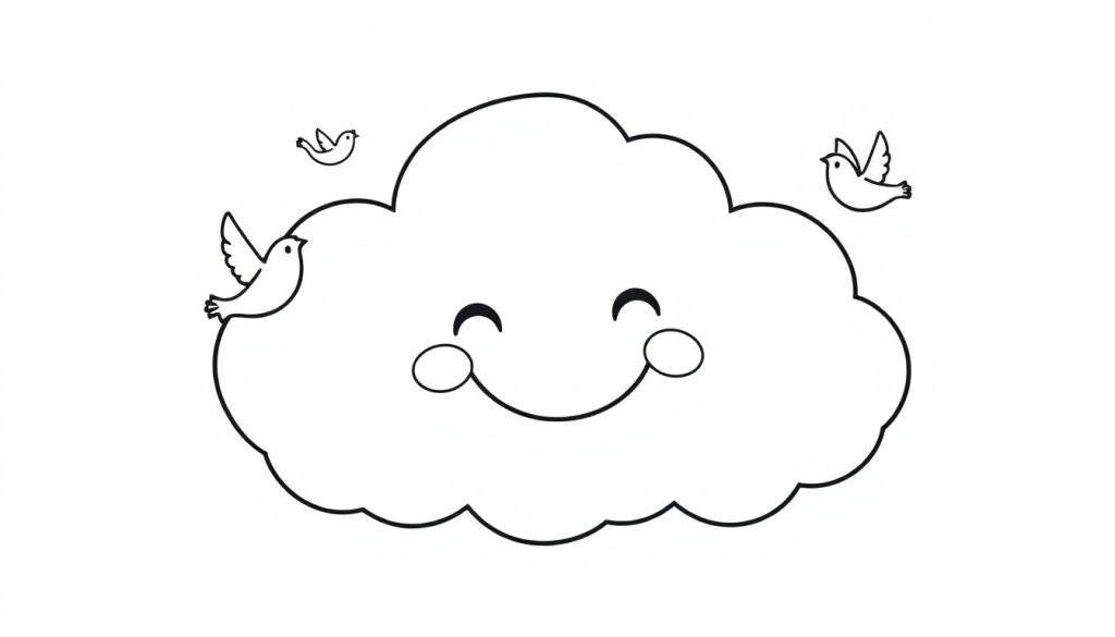 A cheerful black and white cartoon cloud with a smiling face and three birds flying around it, perfect for a color panel.