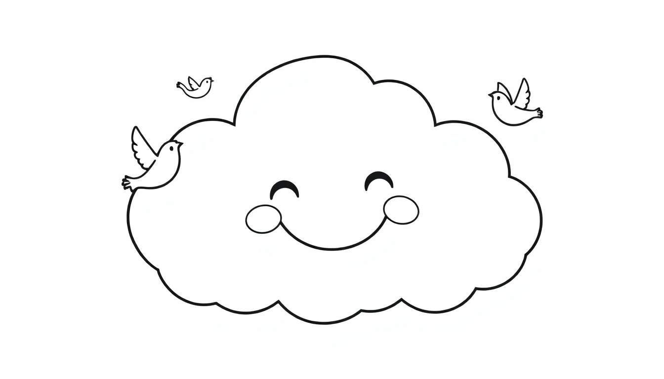 A cheerful black and white cartoon cloud with a smiling face and three birds flying around it, perfect for a color panel.