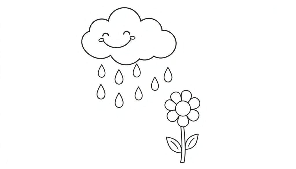 A happy cloud with a smiling face, raining raindrops onto a flower. A black and white color panel for kids.