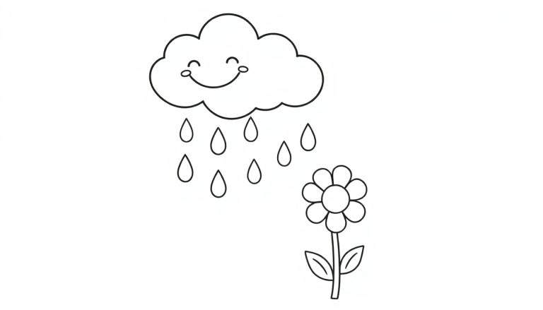 A happy cloud with a smiling face, raining raindrops onto a flower. A black and white color panel for kids.