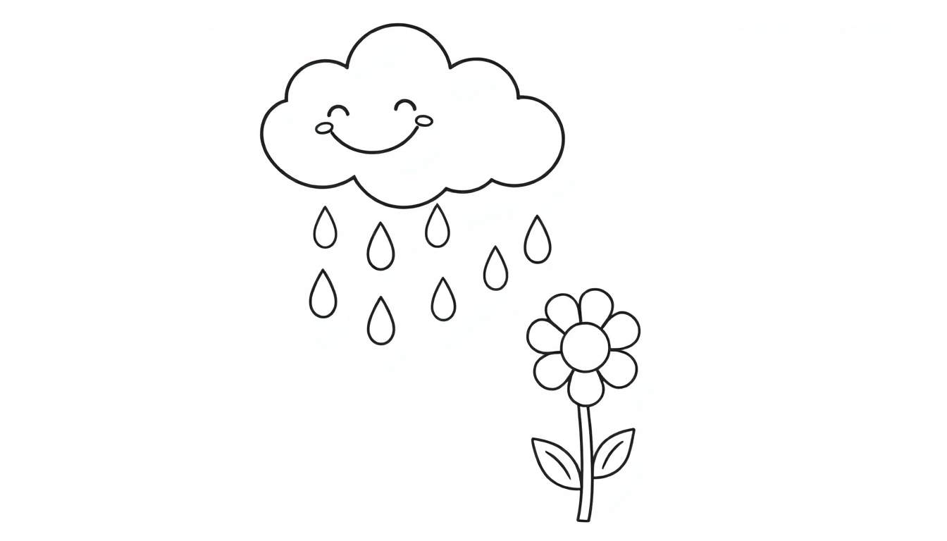 A happy cloud with a smiling face, raining raindrops onto a flower. A black and white color panel for kids.