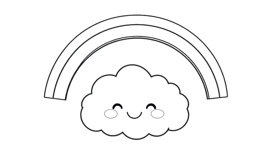 A smiling cloud with closed eyes, with a three-lined rainbow above, perfect for a color panel.
