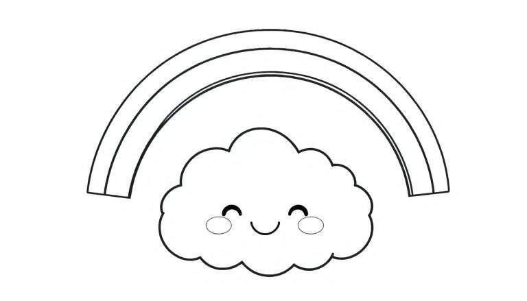 A smiling cloud with closed eyes, with a three-lined rainbow above, perfect for a color panel.