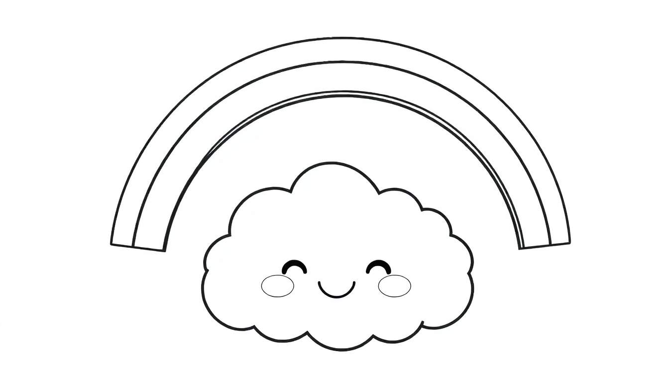 A smiling cloud with closed eyes, with a three-lined rainbow above, perfect for a color panel.