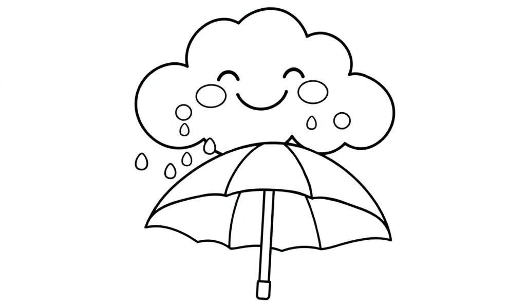 A happy black and white cartoon cloud with raindrops falling onto a friendly umbrella, perfect for a color panel activity.