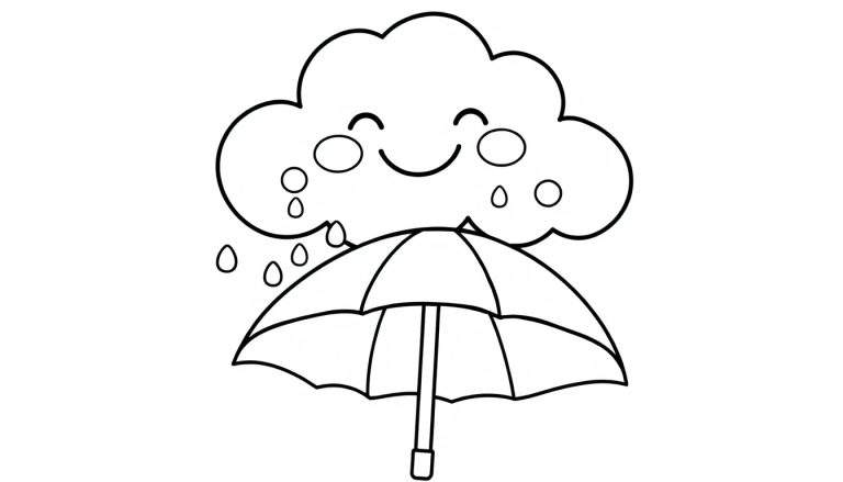 A happy black and white cartoon cloud with raindrops falling onto a friendly umbrella, perfect for a color panel activity.