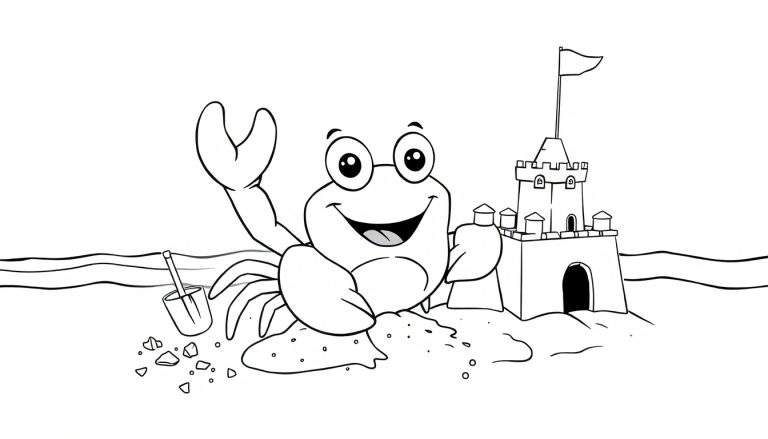 A cheerful crab in a black and white color panel drawing, building a sandcastle with a shovel.