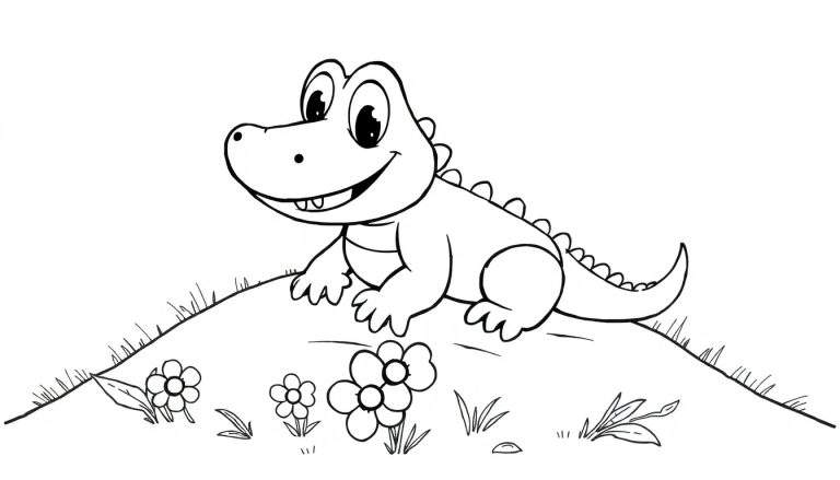 A cute baby crocodile smiling on a grassy hill, ready for coloring. This color panel features a friendly reptile perfect for a fun coloring adventure.