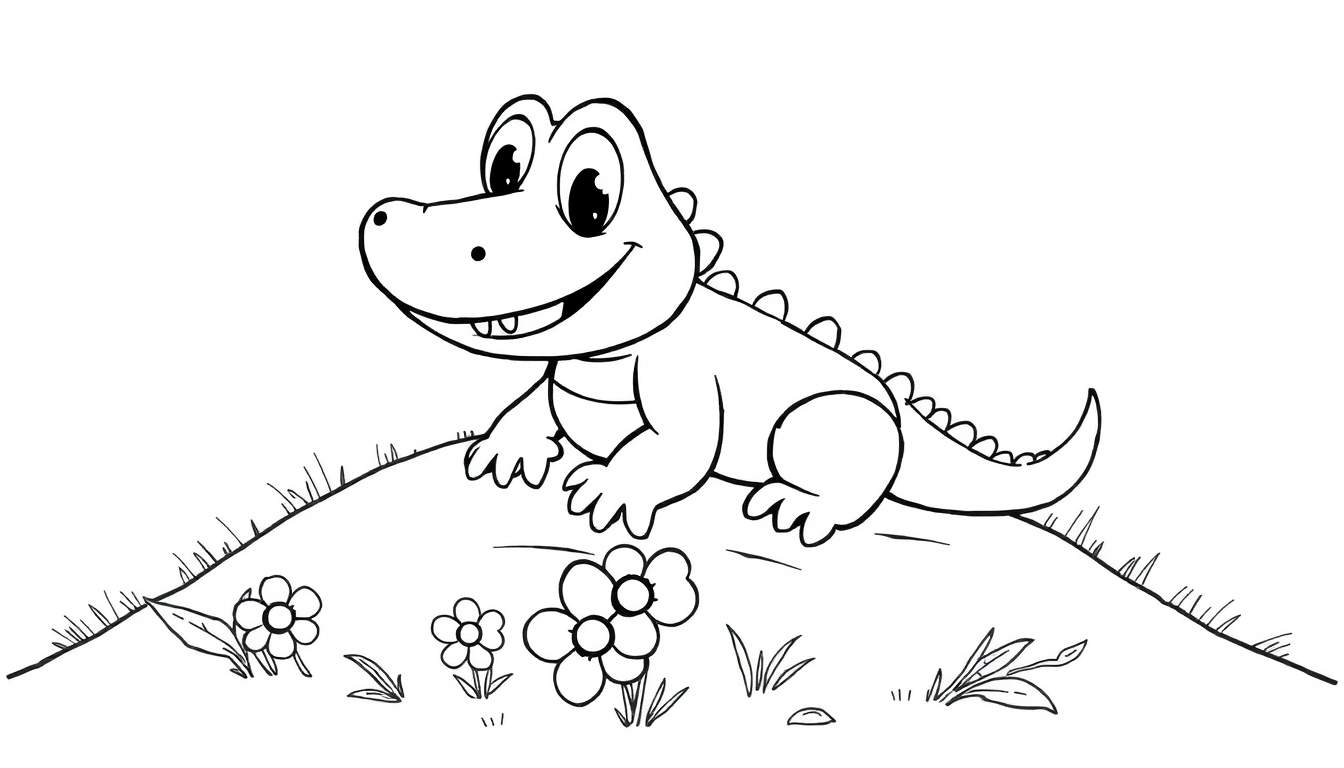 A cute baby crocodile smiling on a grassy hill, ready for coloring. This color panel features a friendly reptile perfect for a fun coloring adventure.
