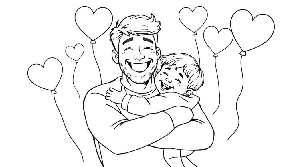 A black and white coloring page of a father and child hugging, surrounded by heart balloons. A fun family color panel.