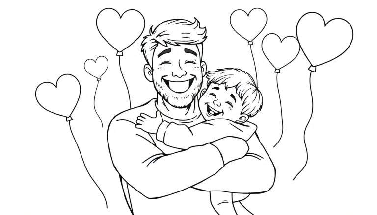 A black and white coloring page of a father and child hugging, surrounded by heart balloons. A fun family color panel.