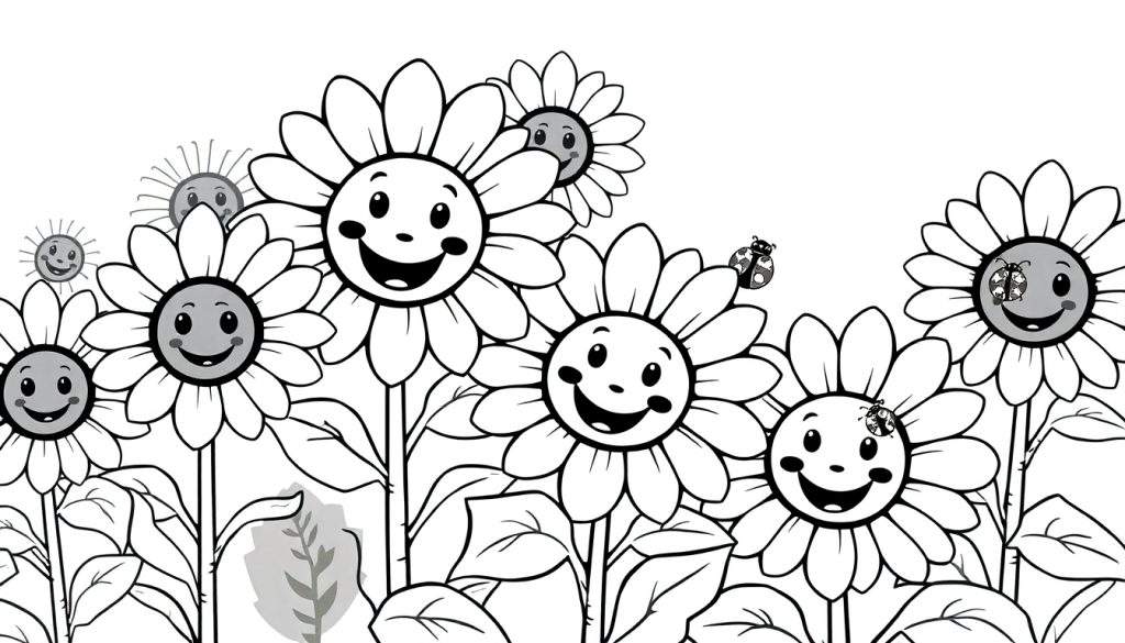 A black and white garden color panel with happy daisies, leaves, stems, and ladybugs.