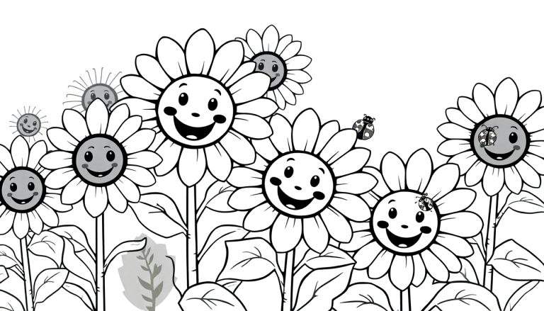 A black and white garden color panel with happy daisies, leaves, stems, and ladybugs.