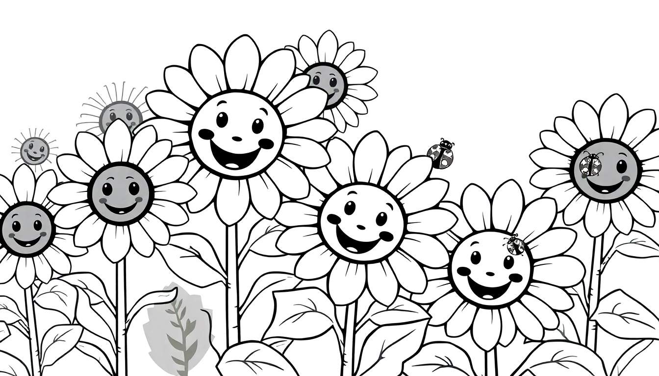 A black and white garden color panel with happy daisies, leaves, stems, and ladybugs.