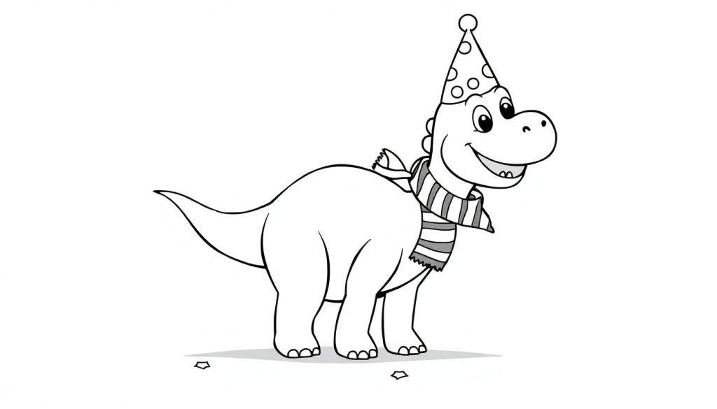 A smiling cartoon dinosaur wearing a polka dot party hat and a striped scarf, on a color panel.