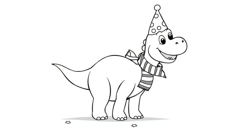 A smiling cartoon dinosaur wearing a polka dot party hat and a striped scarf, on a color panel.